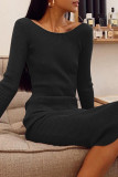 Black Sexy Solid Chains Backless Boat Neck Straight Dresses