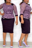 Purple Work Daily Solid Split Joint O Neck Pencil Skirt Plus Size 