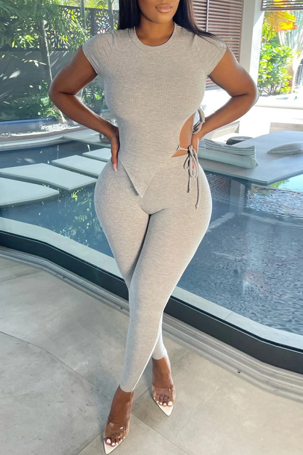 Grey Fashion Casual Solid Bandage Asymmetrical O Neck Short Sleeve Two Pieces