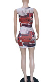 Multicolor Sexy Print Hollowed Out Patchwork U Neck Sheath Dresses