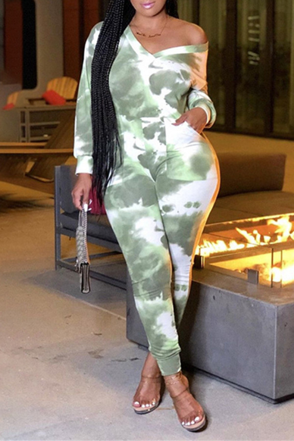 Green Fashion Casual Print Tie-dye Oblique Collar Regular Jumpsuits