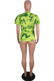 Green O Neck Short Sleeve Print Patchwork Tees & T-shirts