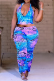 Blue Fashion Casual Butterfly Print Fold Hooded Collar Sleeveless Two Pieces