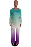 Purple Casual Print Tie-dye O Neck Long Sleeve Two Pieces