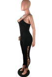 Black Work Daily Solid Backless Spaghetti Strap Regular Jumpsuits