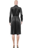 Grey Sexy Cap Sleeve Long Sleeves O neck Pleated Knee-Length Solid Draped