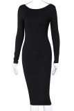 Black Sexy Solid Chains Backless Boat Neck Straight Dresses