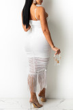 White Sexy Solid Tassel Hollowed Out Backless Spaghetti Strap Sleeveless Dress
