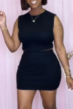 Grey Fashion Casual Solid Basic O Neck Sleeveless Two Pieces