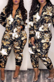 Black Fashion Casual Print Basic Zipper Collar Long Sleeve Two Pieces