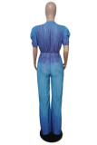 Blue Fashion Casual Gradual Change Print Basic V Neck Regular Jumpsuits