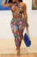 Multi-color Sexy Print Hollowed Out Patchwork Halter Sleeveless Two Pieces
