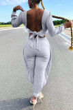 Grey Casual Solid Bandage O Neck Long Sleeve Two Pieces