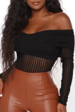 Black Sexy Solid See-through Mesh Off the Shoulder Regular Bodysuits