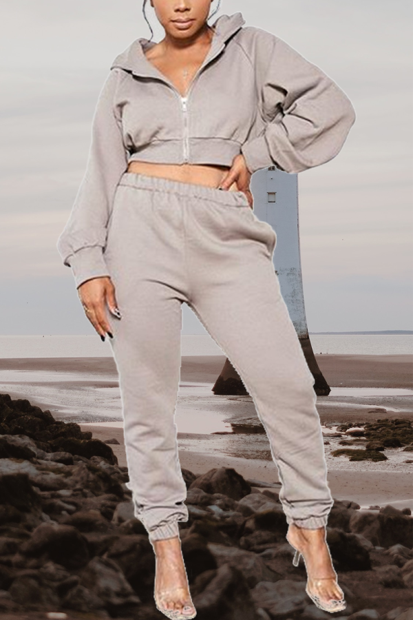Grey Sexy Solid Patchwork Hooded Collar Long Sleeve Two Pieces