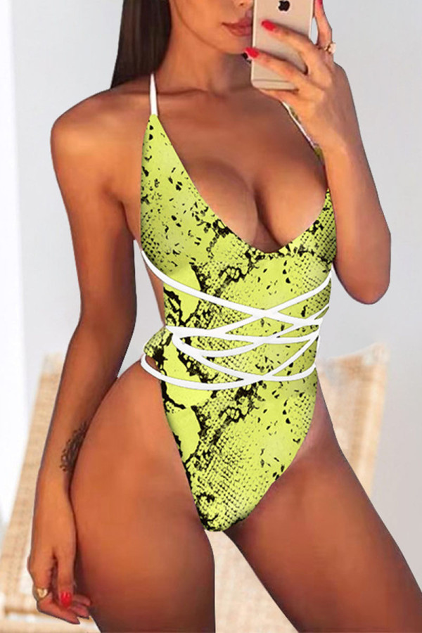 Green Sexy Print Bandage Backless Swimwears