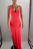 Red Sexy Solid Patchwork High Opening Halter Straight Dresses
