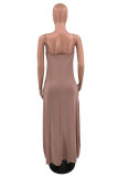 Coffee Sexy Casual Solid Basic V Neck Sling Dress