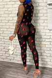 Black Fashion Sexy Lips Printed See-through O Neck Skinny Jumpsuits