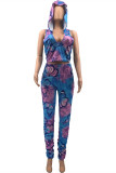 Blue Fashion Casual Butterfly Print Fold Hooded Collar Sleeveless Two Pieces