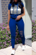 Royal Blue Casual Print Patchwork Hooded Collar Short Sleeve Two Pieces