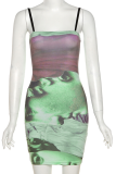 Pink Sexy Print Patchwork Spaghetti Strap Pencil Skirt Dresses