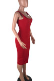 Red Sexy Solid Patchwork Asymmetrical U Neck Pencil Skirt Dresses
