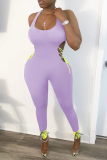 Purple Sexy Patchwork Hollowed Out Square Collar Skinny Jumpsuits