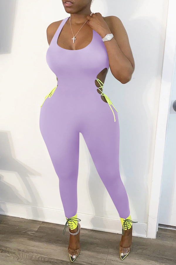 Purple Sexy Patchwork Hollowed Out Square Collar Skinny Jumpsuits