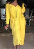 Yellow Casual Sexy & Club Slash neck 3/4 Sleeve Loose Midi Club Dresses
