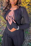 Brown Street Patchwork Hollowed Out See-through O Neck Long Sleeve Two Pieces