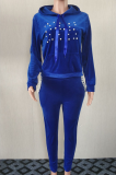 Blue Casual Solid Pearl Hooded Collar Long Sleeve Two Pieces