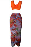 Orange Sexy Casual Print Vests V Neck Sleeveless Two Pieces
