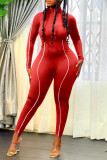 Red Fashion Casual Solid Basic O Neck Long Sleeve Two Pieces