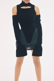 Black Sexy Patchwork Hollowed Out Turtleneck Pencil Skirt Dresses