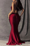 Red Fashion Sexy Solid Backless Spaghetti Strap Evening Dress