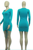 Blue Casual Solid Patchwork Draw String Fold Asymmetrical V Neck Irregular Dress Dresses