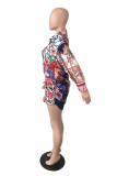Multicolor Fashion Casual Print Basic Turndown Collar Long Sleeve Shirt Dress
