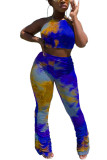 blue and yellow Fashion Sexy adult Ma'am Print Tie Dye Draped Two Piece Suits Straight Sleeveless Two Pieces