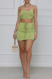 Army Green Sexy Casual Solid Bandage Backless Spaghetti Strap Sleeveless Two Pieces