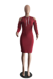 Wine Red Casual Solid Draw String Hooded Collar Tops