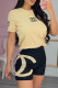 Black Fashion Casual Print Basic O Neck Short Sleeve Two Pieces