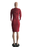 Wine Red Casual Solid Draw String Hooded Collar Tops