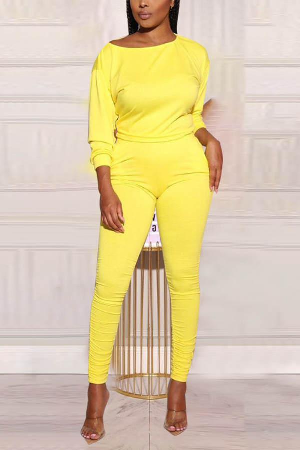 Yellow Sexy Solid Split Joint One Shoulder Long Sleeve Two Pieces