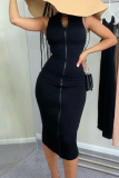 Black Sexy Solid Slit Zipper Collar Pencil Skirt Dresses