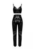 Black PU Sexy Fashion Bandage Solid Sequin Slim fit crop top Skinny Two-Piece Short Set