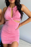 Pink Sexy Solid Split Joint Halter Pencil Skirt Dresses