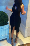 Black Sexy Solid Slit Zipper Collar Pencil Skirt Dresses