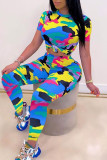 Yellow Casual Camouflage Print Patchwork O Neck Short Sleeve Two Pieces