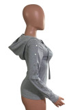 Grey Street Solid Patchwork Hooded Collar Mid Waist Tops